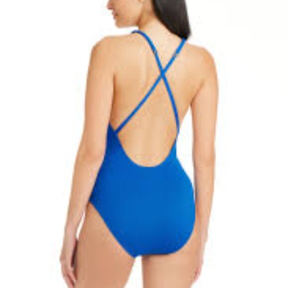 NWT Bleu by Rod Beattie  Blue Plunge Halter One Piece Swimsuit 16W - Picture 2 of 2
